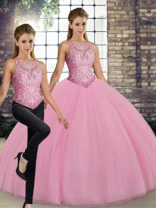 Latest Two Pieces Quinceanera Gown Pink Scoop Tulle Sleeveless Floor Length Lace Up