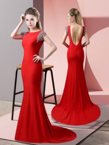 Colorful Red High-neck Backless Beading Homecoming Dress Brush Train Short Sleeves