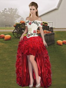 Red Sleeveless Organza Lace Up Evening Outfits for Prom and Party