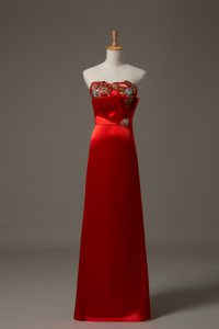 Elegant Red Empire Beading and Appliques Dress for Prom Lace Up Satin Sleeveless Floor Length