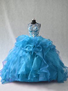 Blue Sleeveless Ruffles Side Zipper Quinceanera Gowns