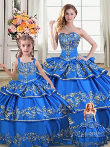 Royal Blue Sweetheart Neckline Embroidery and Ruffled Layers 15th Birthday Dress Sleeveless Lace Up