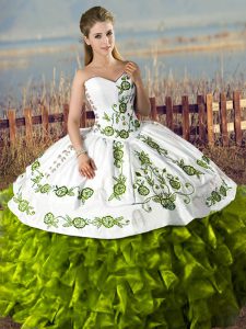 Dazzling Ball Gowns Vestidos de Quinceanera Olive Green Sweetheart Satin and Organza Sleeveless Floor Length Lace Up