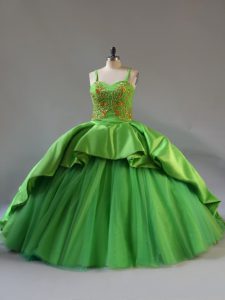 Green Sleeveless Court Train Beading and Embroidery and Pick Ups Quinceanera Gowns