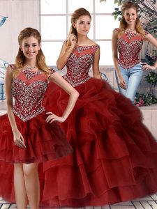 Cute Wine Red Sweet 16 Dress Organza Brush Train Sleeveless Beading and Pick Ups