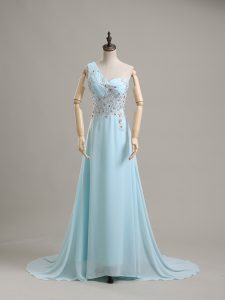 Sleeveless Chiffon Brush Train Side Zipper Prom Party Dress in Aqua Blue with Beading
