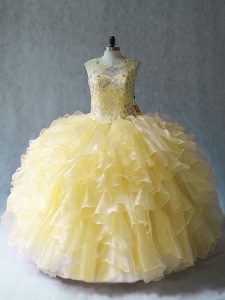 Most Popular Yellow Sleeveless Floor Length Beading and Ruffles Lace Up Quinceanera Dresses