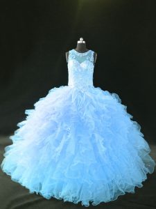 Blue and Light Blue Sleeveless Appliques and Ruffles Lace Up Quinceanera Gowns