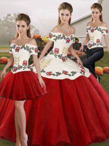 Exceptional Three Pieces Quince Ball Gowns White And Red Off The Shoulder Organza Sleeveless Floor Length Lace Up