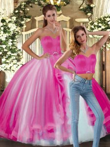 Sleeveless Tulle Floor Length Lace Up Vestidos de Quinceanera in Fuchsia with Beading