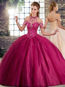 Fashion Fuchsia Halter Top Neckline Beading Sweet 16 Dresses Sleeveless Lace Up