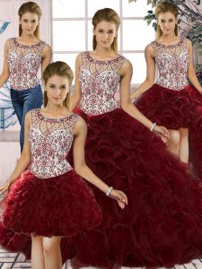 Designer Burgundy Lace Up 15 Quinceanera Dress Beading and Ruffles Sleeveless Floor Length