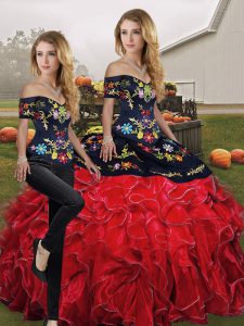 Floor Length Red And Black Sweet 16 Dresses Off The Shoulder Sleeveless Lace Up