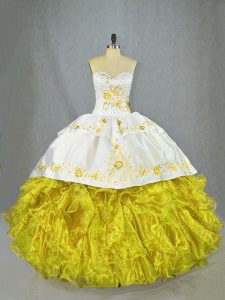Charming Yellow Ball Gowns Satin and Organza Sweetheart Sleeveless Beading and Embroidery and Ruffles Lace Up Quince Ball Gowns Brush Train