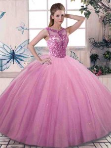 Fitting Floor Length Rose Pink Ball Gown Prom Dress Scoop Sleeveless Lace Up
