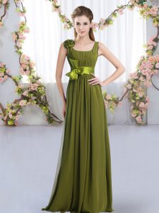 Inexpensive Floor Length Zipper Dama Dress Olive Green for Wedding Party with Belt and Hand Made Flower