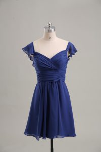 Noble Blue Sleeveless Ruching Mini Length Prom Evening Gown