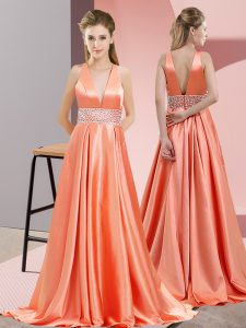 Sleeveless Elastic Woven Satin Brush Train Backless in Orange Red with Beading