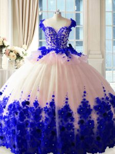 Spectacular Ball Gowns Sleeveless Blue And White 15 Quinceanera Dress Brush Train Zipper
