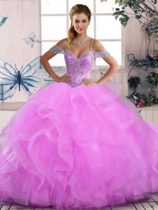 Sleeveless Tulle Floor Length Lace Up Sweet 16 Quinceanera Dress in Lilac with Beading and Ruffles