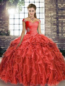 Coral Red Sleeveless Beading and Ruffles Lace Up Quince Ball Gowns
