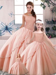 Peach Sleeveless Brush Train Beading Quinceanera Gowns