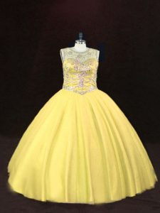 Admirable Floor Length Ball Gowns Sleeveless Gold Quince Ball Gowns Lace Up