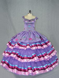 Lavender Ball Gown Prom Dress Sweet 16 and Quinceanera with Embroidery and Ruffled Layers Straps Sleeveless Lace Up