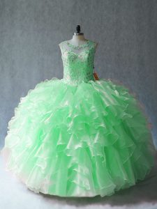 Sleeveless Organza Floor Length Lace Up Sweet 16 Dress in with Beading and Ruffles
