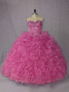 Fantastic Rose Pink Halter Top Lace Up Beading and Ruffles Quince Ball Gowns Brush Train Sleeveless