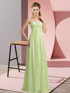 Nice Sleeveless Chiffon Floor Length Lace Up in Yellow Green with Beading