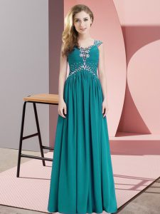Gorgeous Teal Empire Chiffon Straps Cap Sleeves Beading Floor Length Lace Up Prom Party Dress