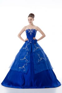 Royal Blue Organza Lace Up V-neck Sleeveless Floor Length Sweet 16 Dress Embroidery and Ruffled Layers