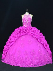 Exquisite Ball Gowns Vestidos de Quinceanera Fuchsia Halter Top Taffeta Sleeveless Floor Length Lace Up