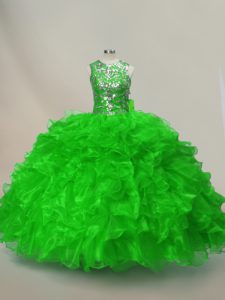 Popular Organza Scoop Sleeveless Lace Up Ruffles and Sequins Quinceanera Gown in