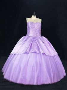 Sleeveless Satin and Tulle Floor Length Lace Up Vestidos de Quinceanera in Lavender with Beading