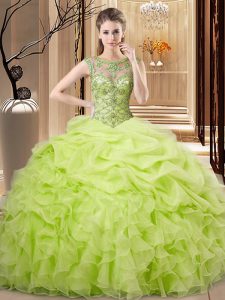 Floor Length Yellow Green Sweet 16 Dresses Organza Sleeveless Beading and Ruffles and Pick Ups