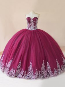Burgundy Ball Gowns Sweetheart Sleeveless Tulle Floor Length Lace Up Embroidery Ball Gown Prom Dress