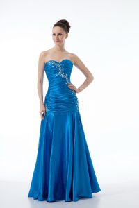 Blue Mermaid Sweetheart Sleeveless Beading and Ruching Floor Length Zipper Prom Dresses