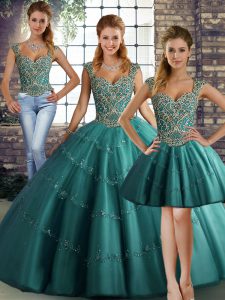 Vintage Teal Lace Up Sweet 16 Dress Beading and Appliques Sleeveless Floor Length