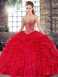 Red Tulle Lace Up Sweetheart Sleeveless Floor Length Quinceanera Dresses Beading and Ruffles