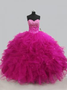 Sleeveless Floor Length Beading and Ruffles Lace Up Quinceanera Dress with Fuchsia