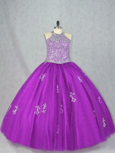 Glorious Halter Top Sleeveless Tulle Quinceanera Gowns Beading and Appliques Lace Up