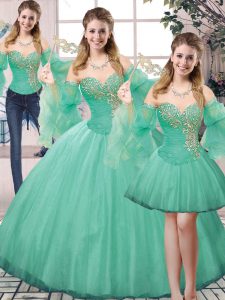 Perfect Sleeveless Floor Length Beading Lace Up Vestidos de Quinceanera with Turquoise