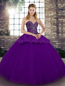 Fabulous Purple Ball Gowns Beading and Appliques Sweet 16 Dresses Lace Up Tulle Sleeveless Floor Length