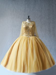 Gold Tulle Lace Up Scoop Sleeveless Floor Length Sweet 16 Quinceanera Dress Beading