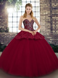 Comfortable Ball Gowns Quinceanera Dress Burgundy Sweetheart Tulle Sleeveless Floor Length Lace Up