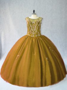 Excellent Brown Ball Gowns Tulle Scoop Sleeveless Beading Floor Length Lace Up Quince Ball Gowns