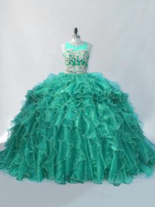 New Arrival Turquoise Organza Zipper Sweet 16 Quinceanera Dress Sleeveless Brush Train Beading and Ruffles