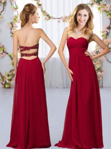 Wine Red Criss Cross Quinceanera Dama Dress Beading Sleeveless Floor Length